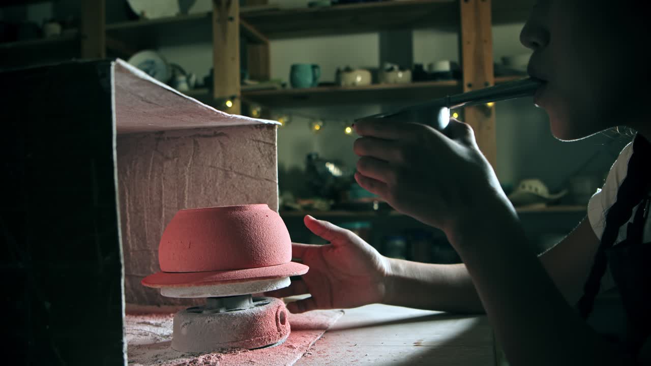 la joven alfarera pulveriza manualmente la pintura soplando en el dispositivo