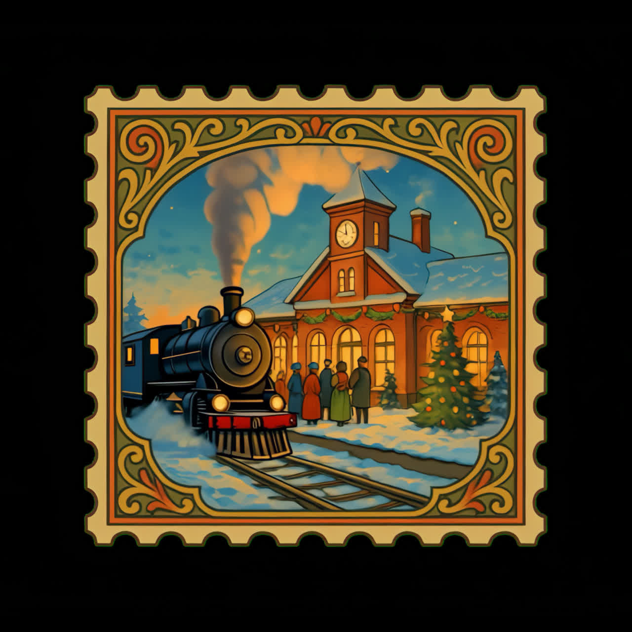 Vintage festive train station stamp animation isolated asset, transparent 4K video, alpha channel