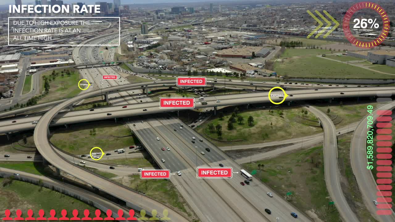 imágenes gráficas en movimiento muestran personas hipotéticamente infectadas y expuestas en la carretera con información