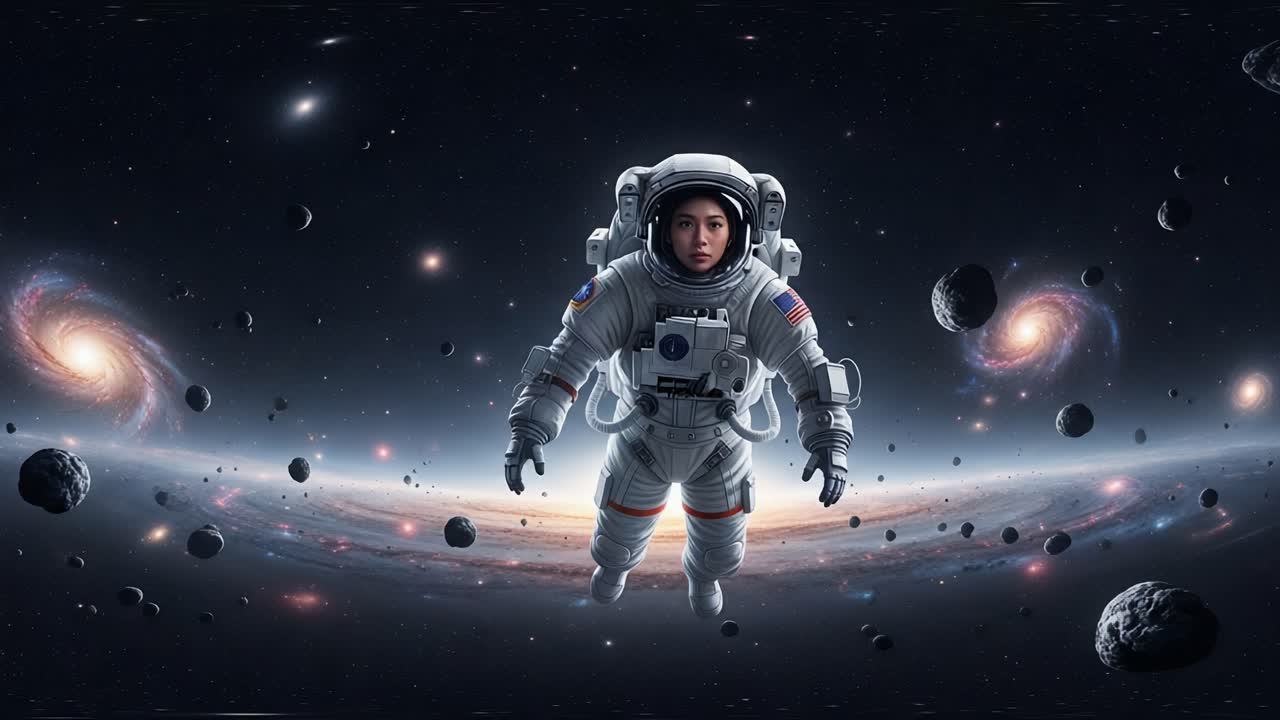 A Young Astronaut Navigates the Cosmic Expanses, Surrounded by Majestic Galaxies and Asteroids, Capturing the Essence of Space Exploration and Adventure