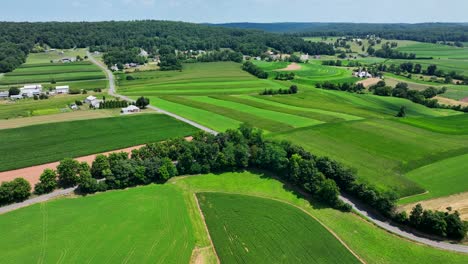 Una-Vista-Aérea-De-Las-Exuberantes-Tierras-De-Cultivo-Verdes-En-El-Sur-Del-Condado-De-Lancaster,-Pennsylvania-En-Un-Día-Soleado-De-Verano