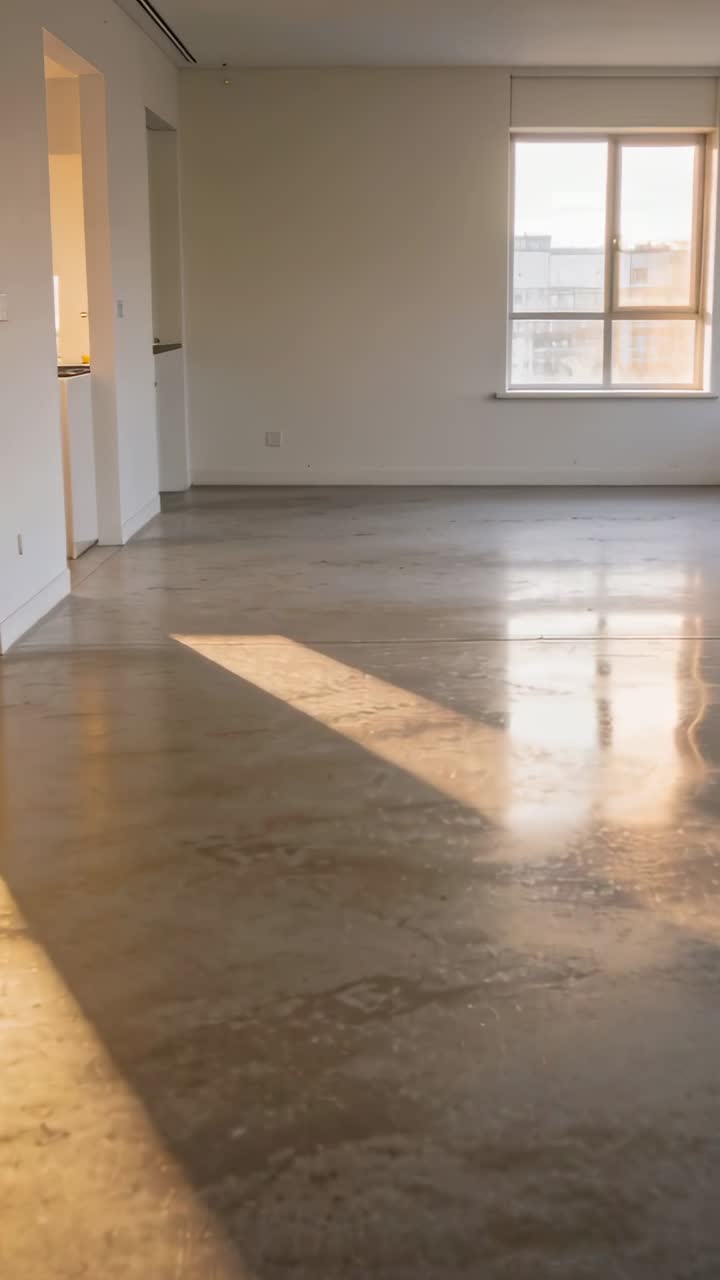 Vídeo vertical: Tomada panorâmica para a direita, mancha de sol se movendo no chão, mostrando apartamento à venda
