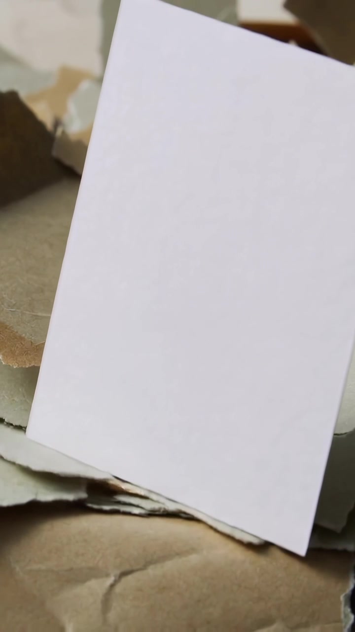 Blank white cardstock card rotating, settling on tabletop after paper shifts, scrap propping edge