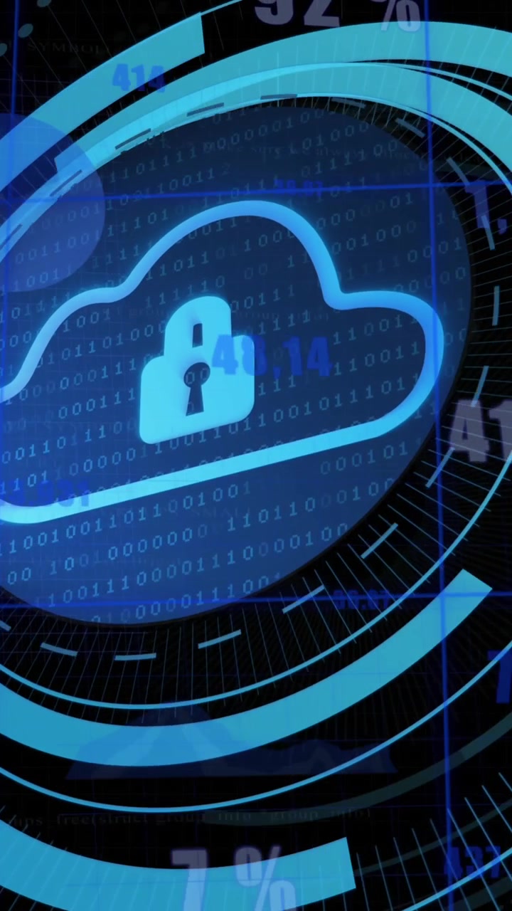 Animation of security padlock and cloud icon on round scanner against statistical data processing
