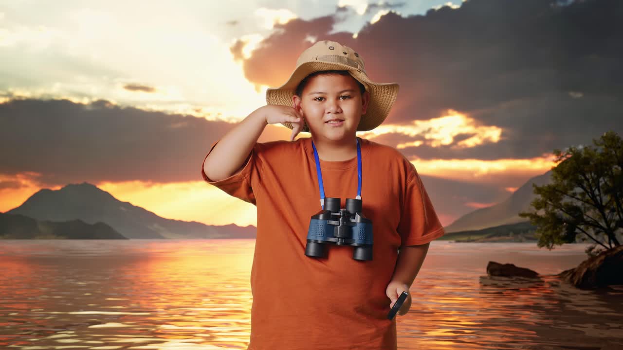 Asian Boy With A Hat And Binoculars Using The Magnifying Glass Then Making Call Me Gesture At A Lake. Boy Researcher Examines Something, Travel Tourism Adventure Concept
