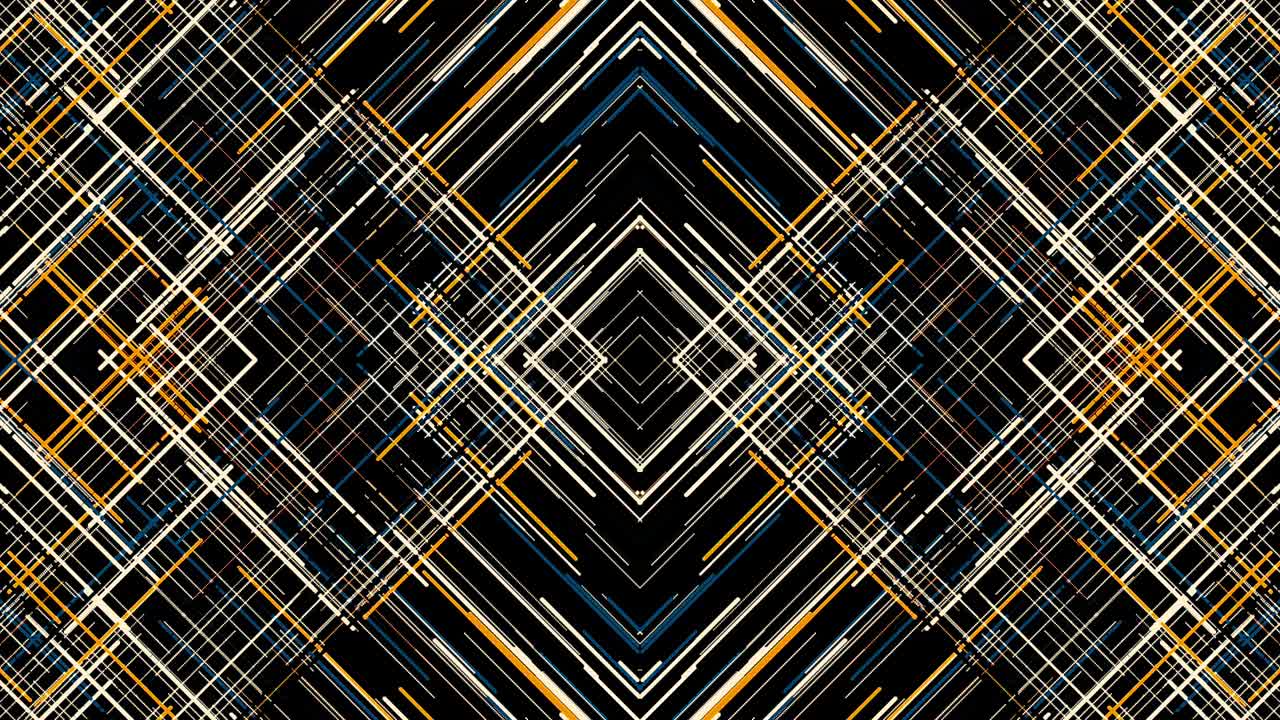 Straight beams moving fast, crossing each other and forming the shape of rhombuses on black background, seamless loop. Animation. Many flowing narrow lines