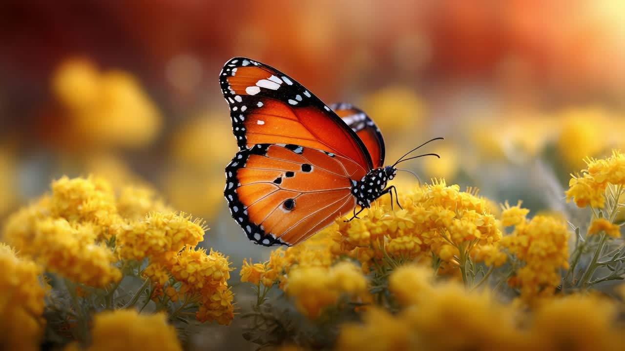 A Beautiful Monarch Butterfly Perched Gracefully on Vibrant Yellow Flowers, Capturing the Essence of Nature's Splendor in a Serene Setting