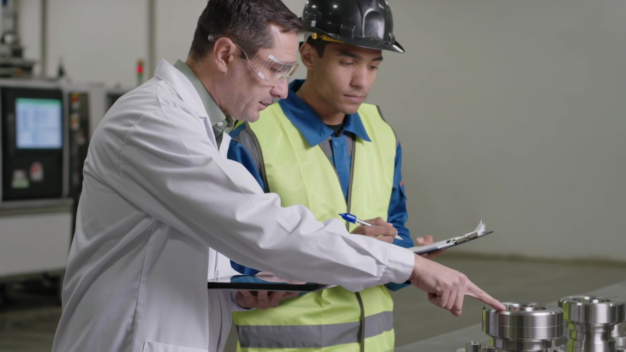 Pointing labcoat inspector guiding hi-vis worker noting clipboard at bench with flanges
