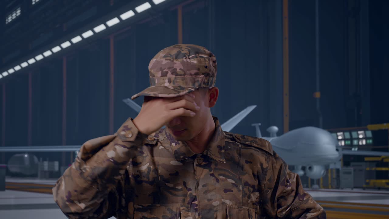 Primo piano di un soldato asiatico con mal di testa mentre è in piedi con un moderno drone militare in un hangar di manutenzione.