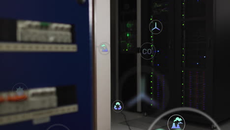 animation of ecology icons and data processing over server room