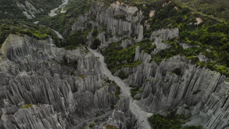 Aerial-scenic-of-Putangirua-Pinnacles,-New-Zealand