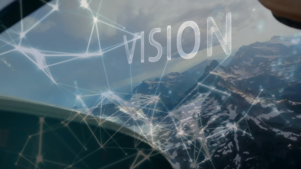 Network connections and VISION text animation over mountain landscape