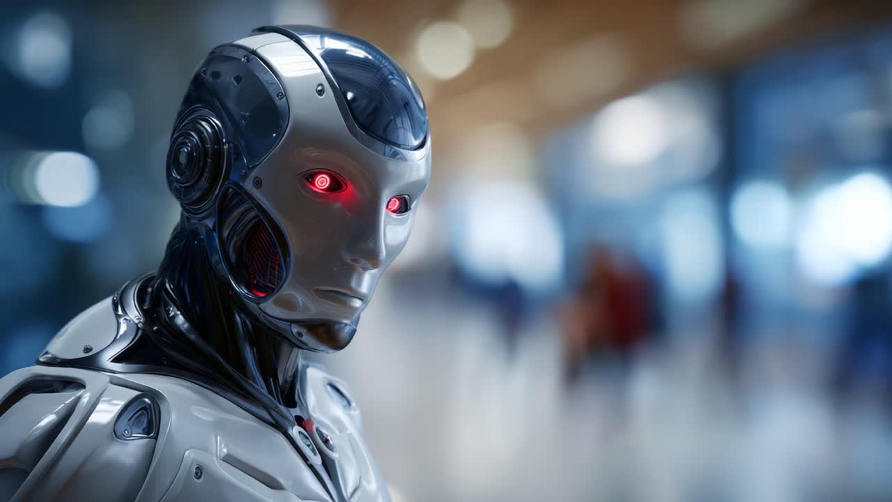 Un robot umanoide futuristico con elementi rossi luminosi si erge in un ambiente contemporaneo sfocato, incarnando la tecnologia avanzata e il potenziale dell'intelligenza artificiale