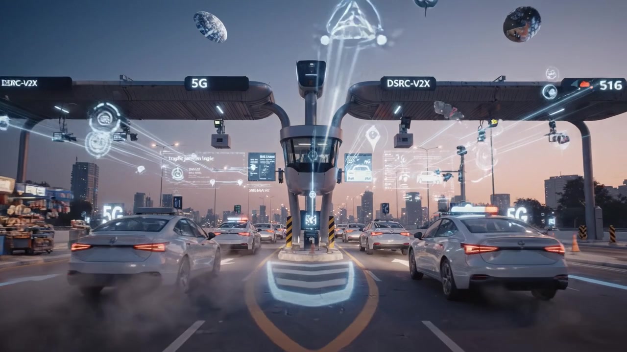 Modern Traffic Control with 5G Technology: An Advanced Toll Booth Scene Featuring Automated Vehicles and Real-Time Data Visualization in a Futuristic Cityscape