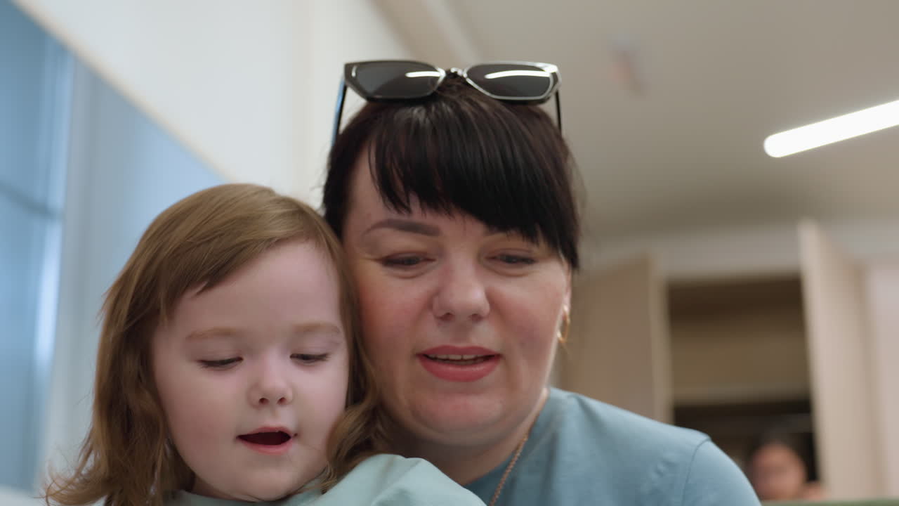 Toddler reading book while teacher looks on back toward someone off frame, gentle guidance, focused eyes following lines, small hands holding pages, early literacy moment, warm supportive presence