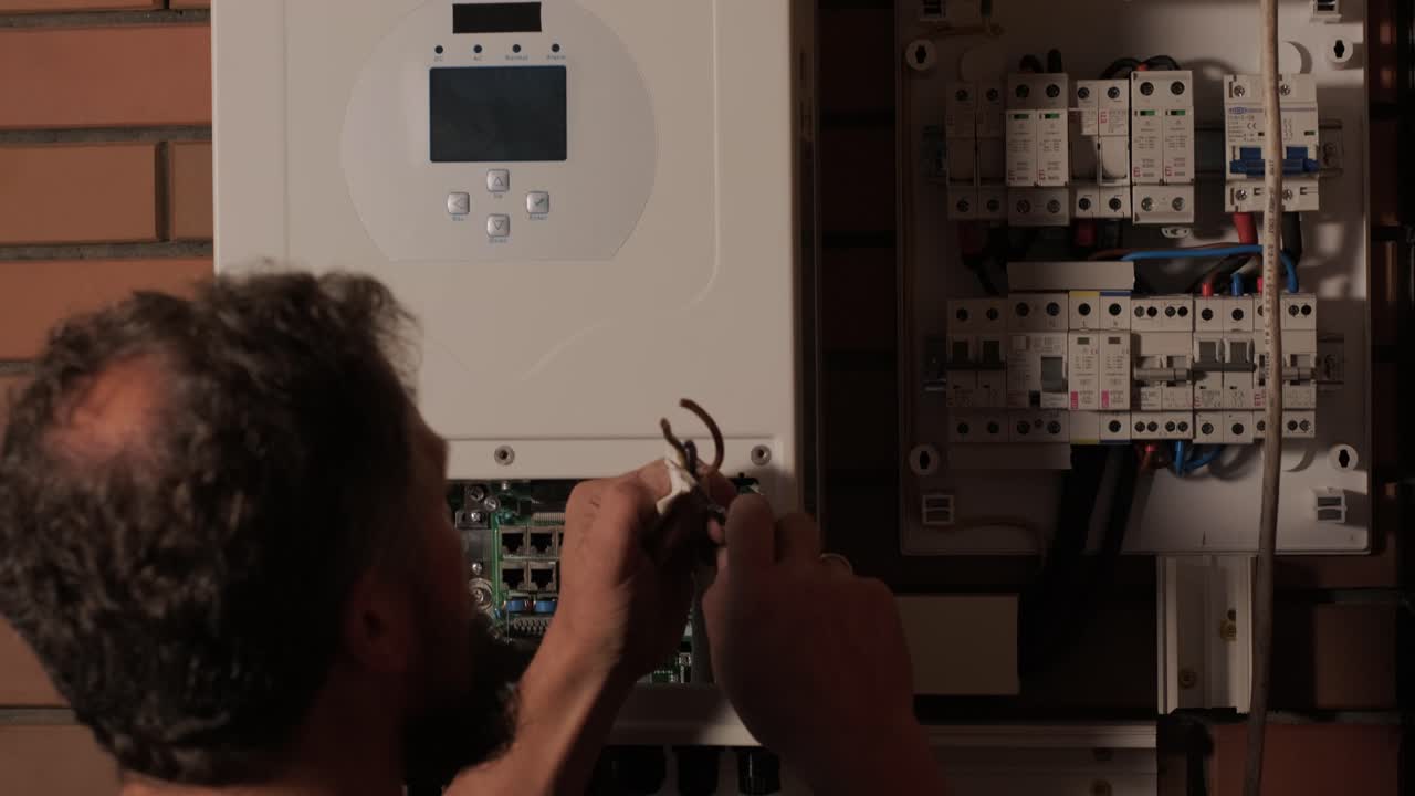 un electricista instalando un inversor en un hogar. la imagen muestra habilidad técnica, herramientas modernas y atención a la seguridad en el trabajo eléctrico