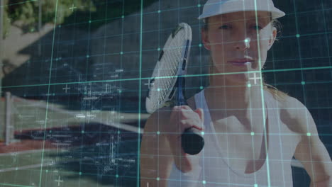 female athlete holding tennis racket on court, featuring digital grid overlays for technology