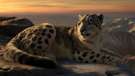 snow leopard resting on a mountain at sunset