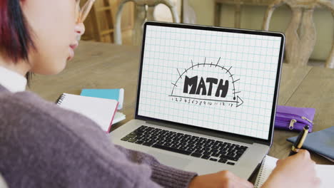 composición de una colegiala asiática en una computadora portátil aprendiendo en línea con texto de matemáticas en la pantalla