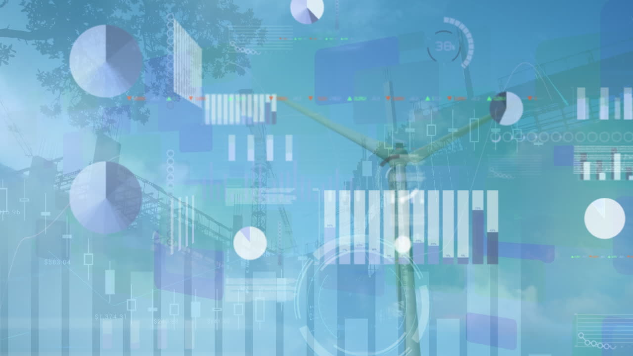 Animation of screens with data processing over spinning windmill against construction site