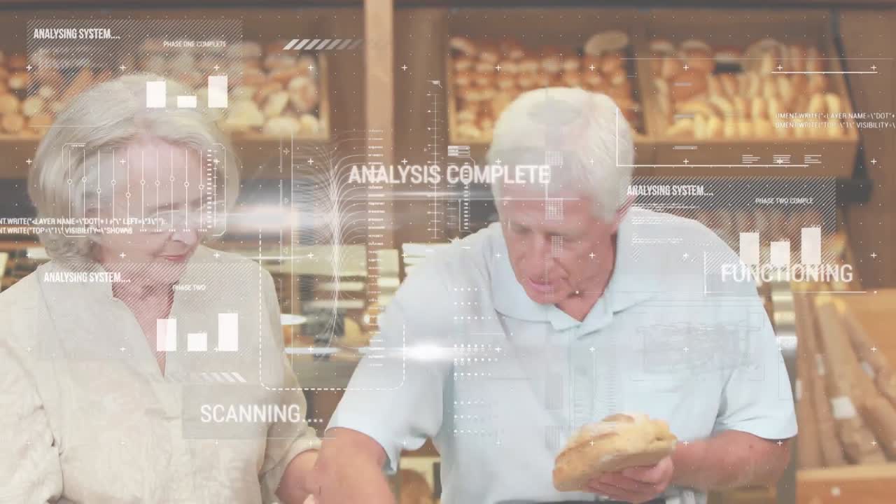 animación del procesamiento de datos financieros sobre una pareja caucásica anciana en la tienda.
