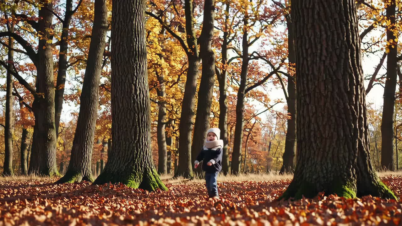 A child playing in an autumn forest