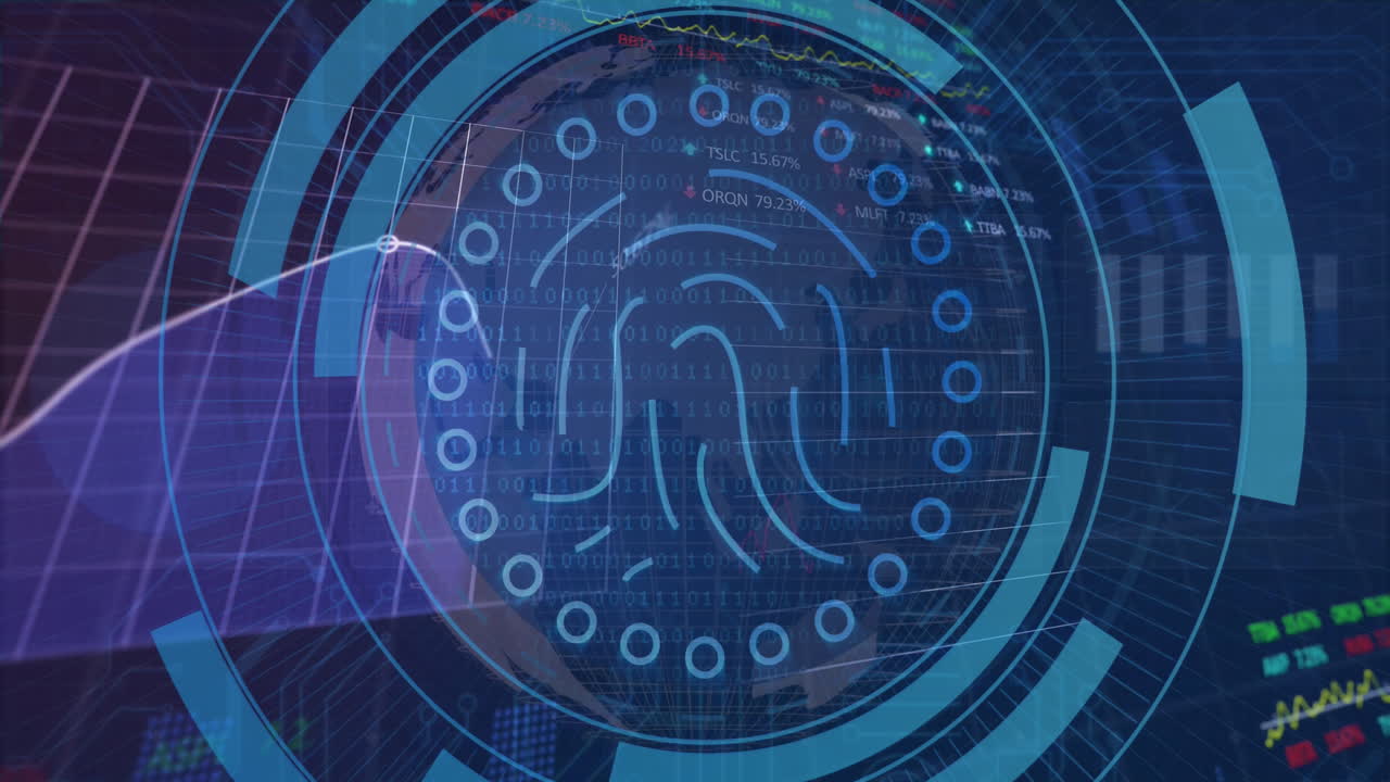 animación de gráficos, huellas dactilares en círculos de carga, tablas de negociación en todo el mundo y lenguaje informático