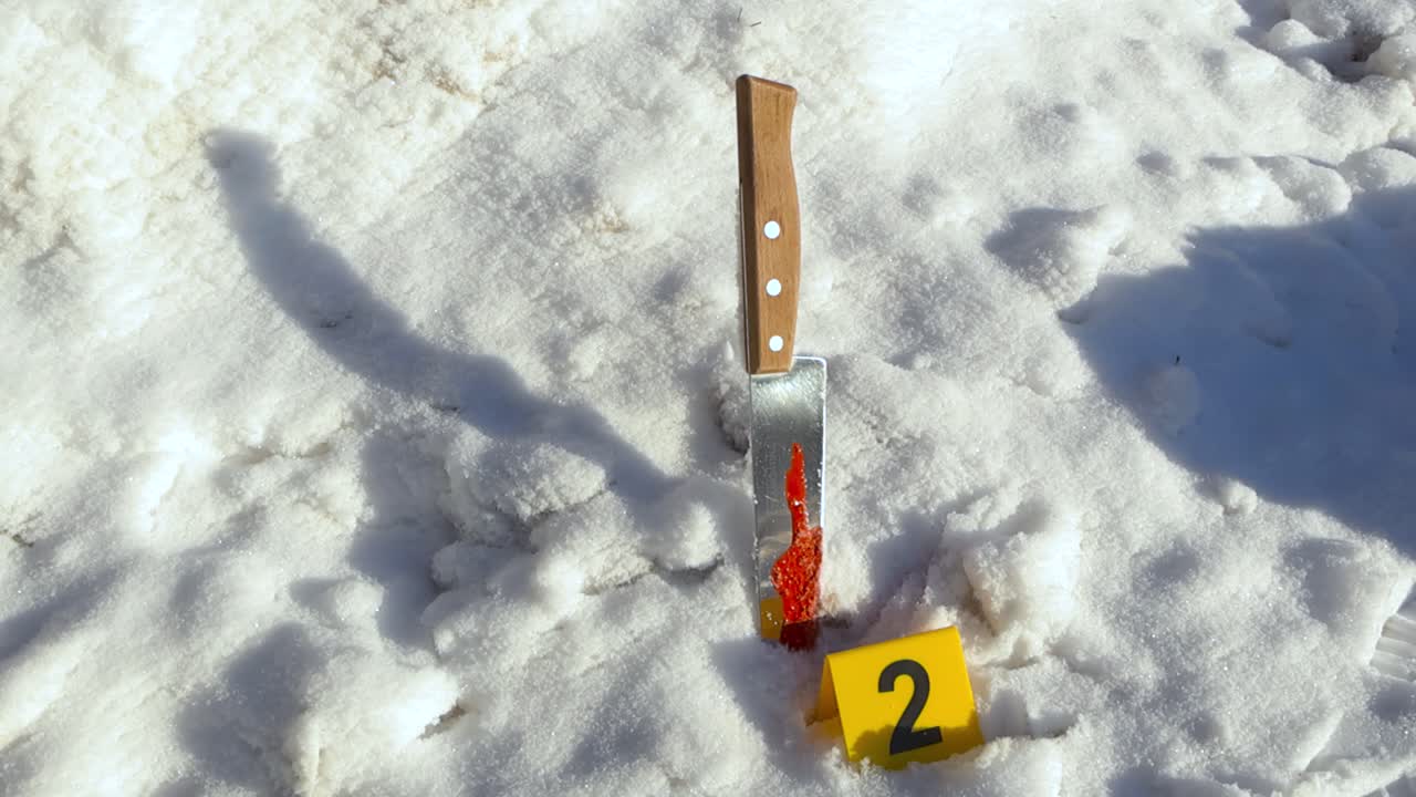Segnalino giallo della scientifica forense posto accanto a un coltello insanguinato conficcato nella soffice neve invernale durante una giornata di sole. Il coltello riflette la luce del sole, congelato