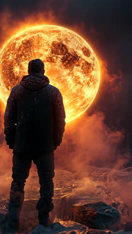 man standing in front of a glowing orange sun at dusk