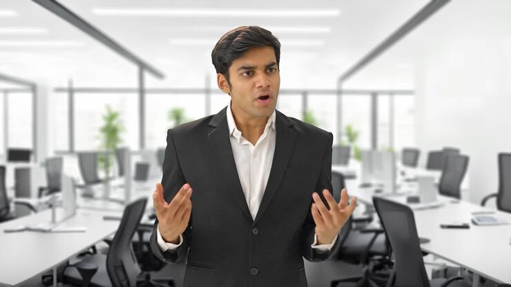 Angry Indian businessman shouting on employees