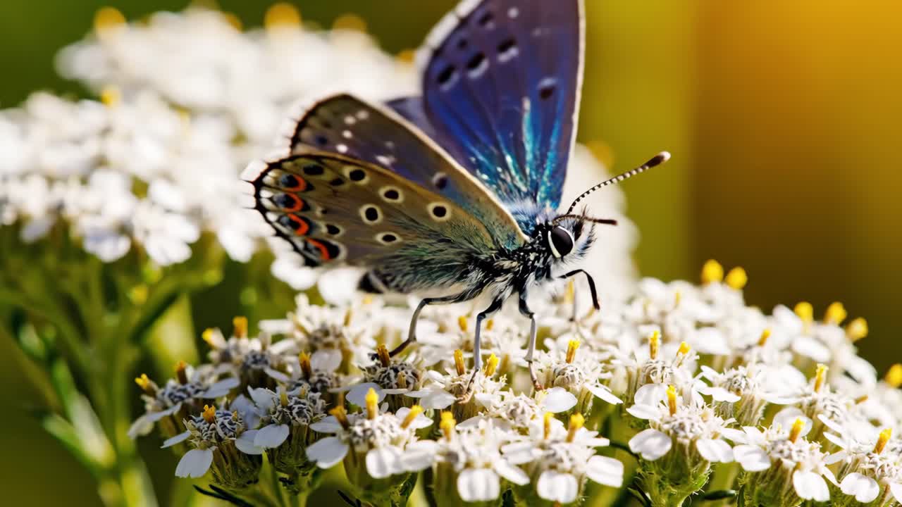 Farfalla blu su fiori bianchi