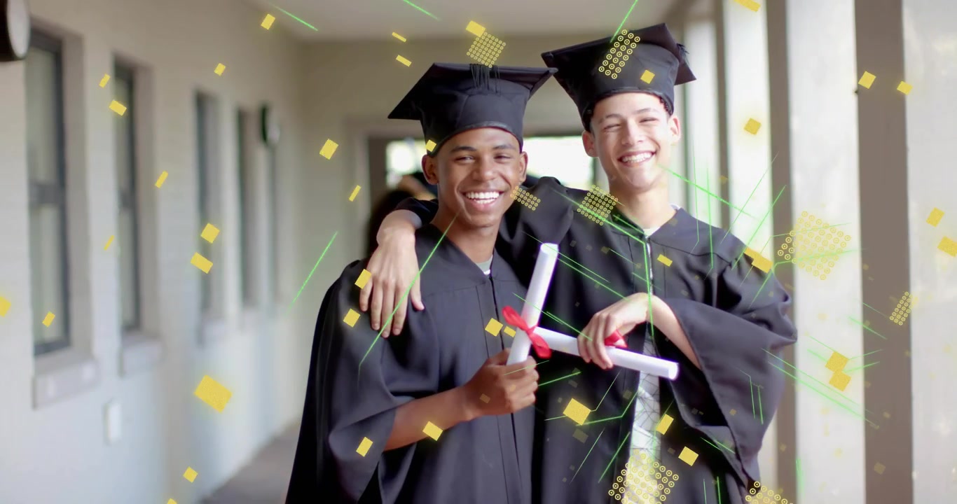 Two graduates holding diplomas in corridor, camera zooming in causing confetti around faces
