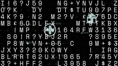 Animation of changing numbers, symbols and letters over multiple icons on black background