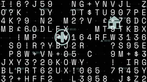 animación de números, símbolos y letras cambiantes sobre múltiples iconos sobre un fondo negro.