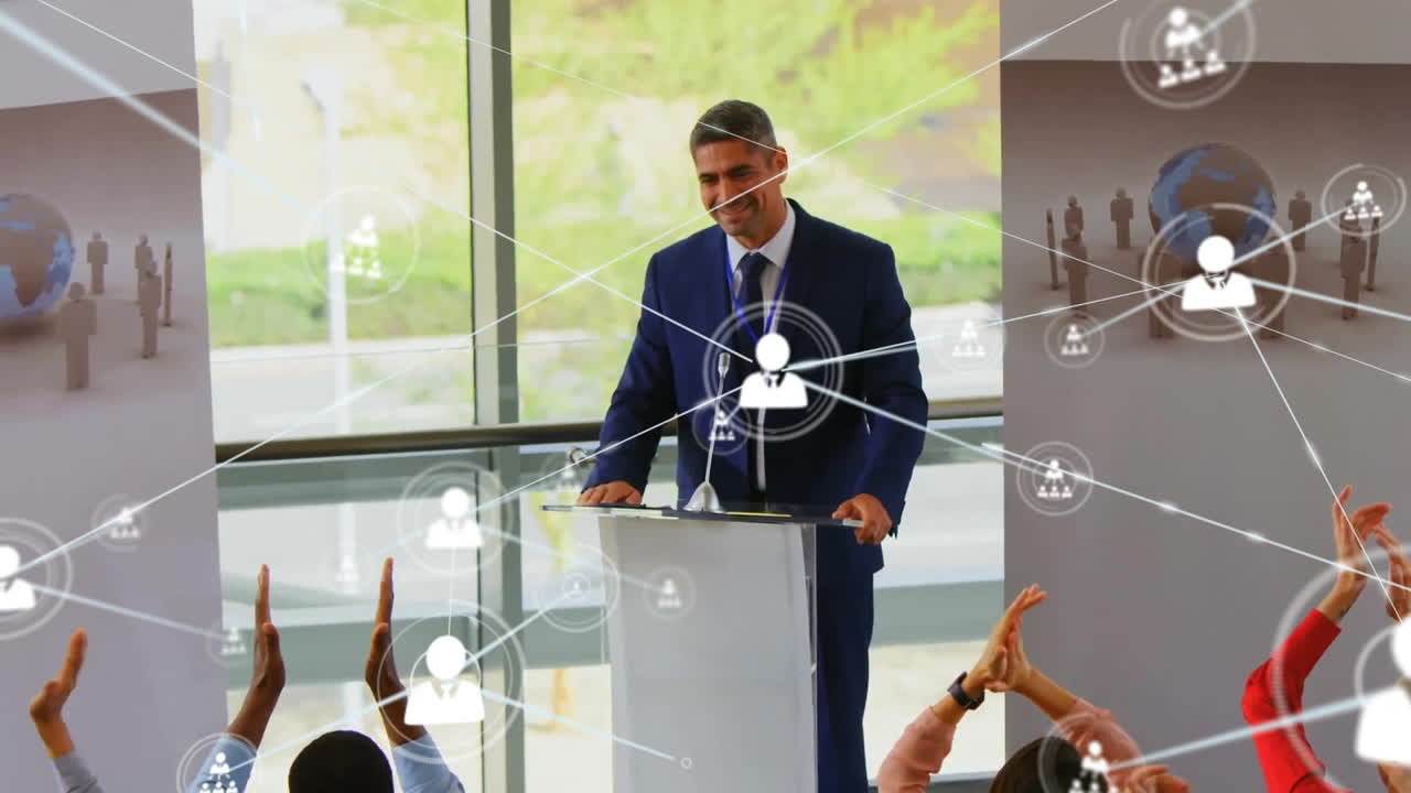 회의실에서 다양한 비즈니스 사람들 사이의 연결 네트워크의 애니메이션