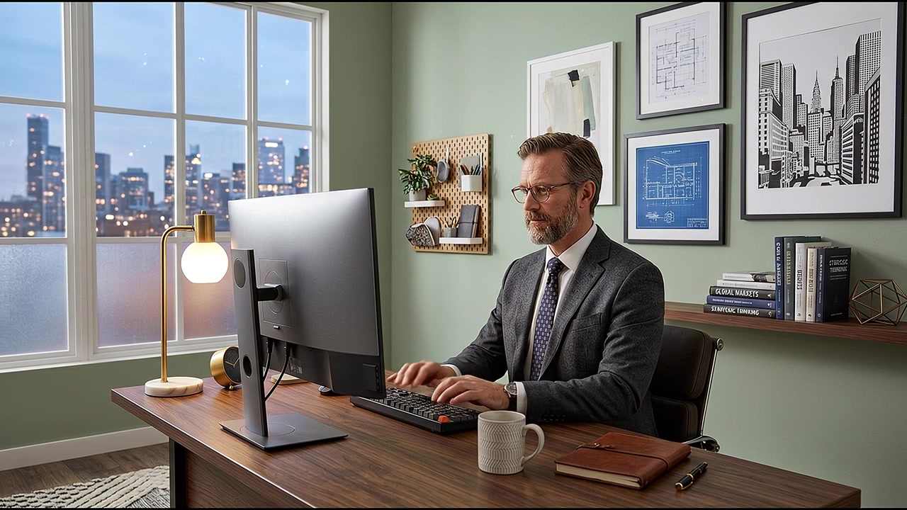 Impiegato d'ufficio professionale che lavora al computer desktop in un moderno ambiente di lavoro aziendale.