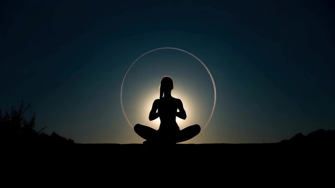 Silhouette di donna che medita in posizione del loto contro il tramonto