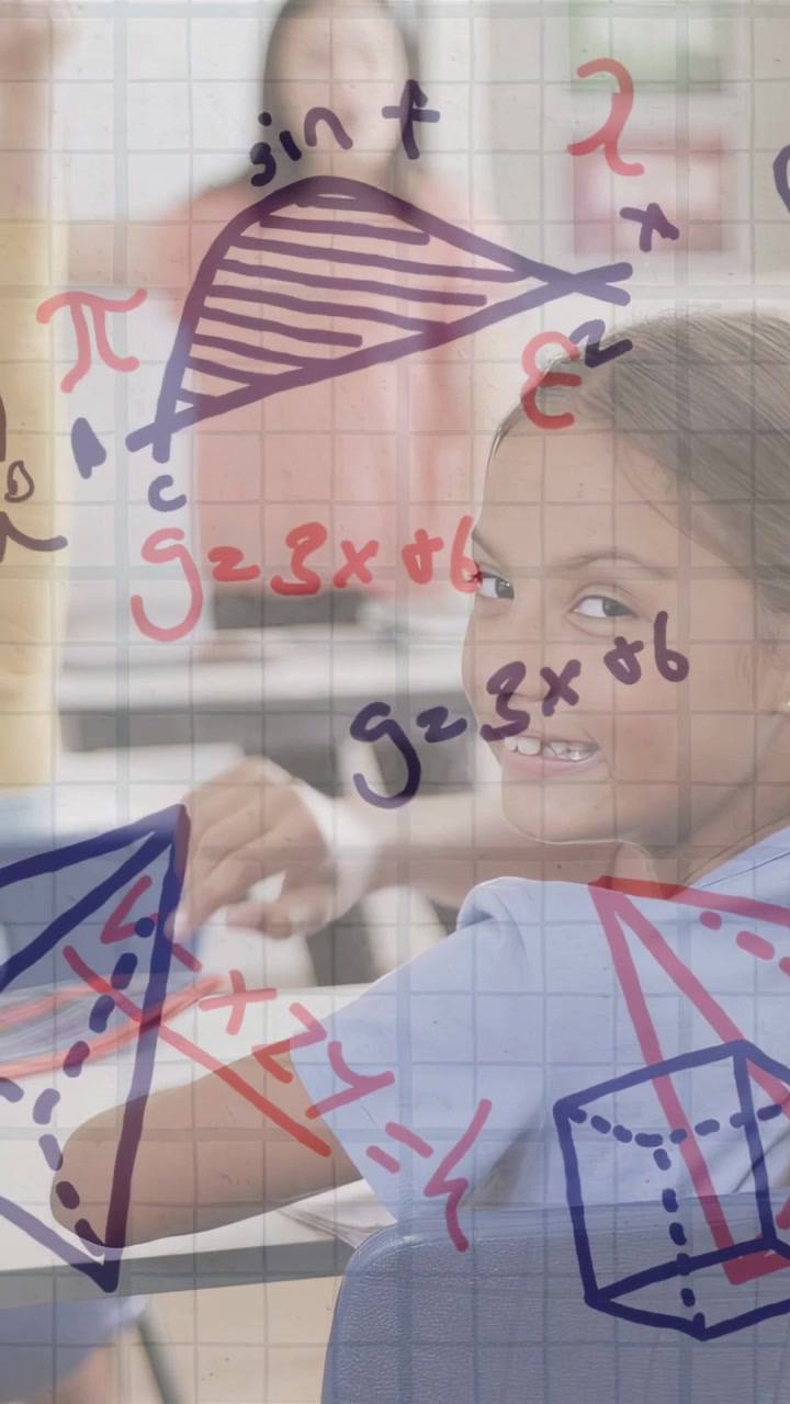 Vertical video: Teacher addressing class, girl turning and smiling, math doodles overlaying face