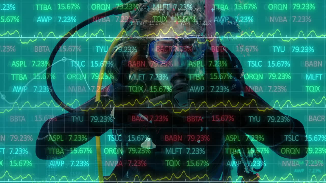 Animation of financial data processing over caucasian woman scuba diving
