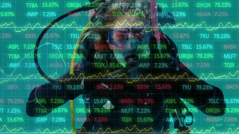 animación del procesamiento de datos financieros sobre la mujer caucásica buceo