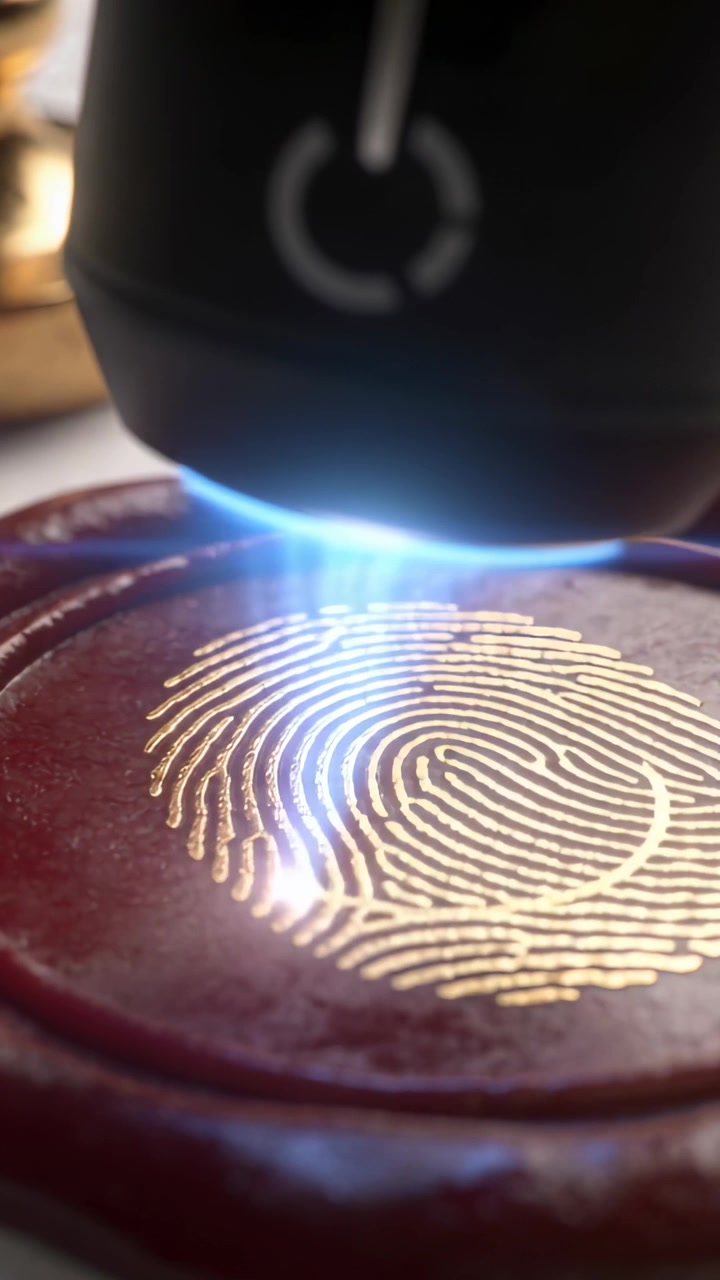 Vertical video: Moving black torch above red wax seal on desk, highlighting gold fingerprint ridges