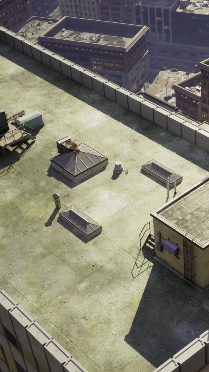 View of a city rooftop with hvac units and various structures during daylight
