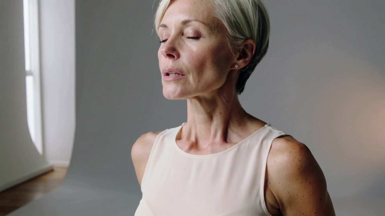 Inspirando, donna che chiude gli occhi e solleva il mento in uno studio con finestra e top senza maniche, per una posa calma.