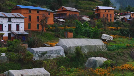 Toma-De-Drones-En-La-Habitación-De-La-Aldea,-Flores-Que-Añaden-Belleza,-Autenticidad-De-La-Zona-Montañosa-De-Nepal-4k