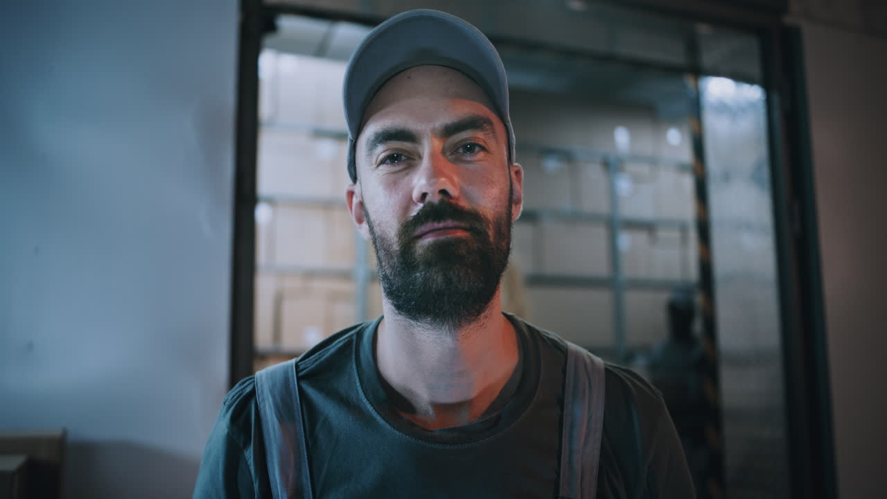 Outside of Logistics Retail Warehouse at Night Employee Giving Cardboard Box to Loader