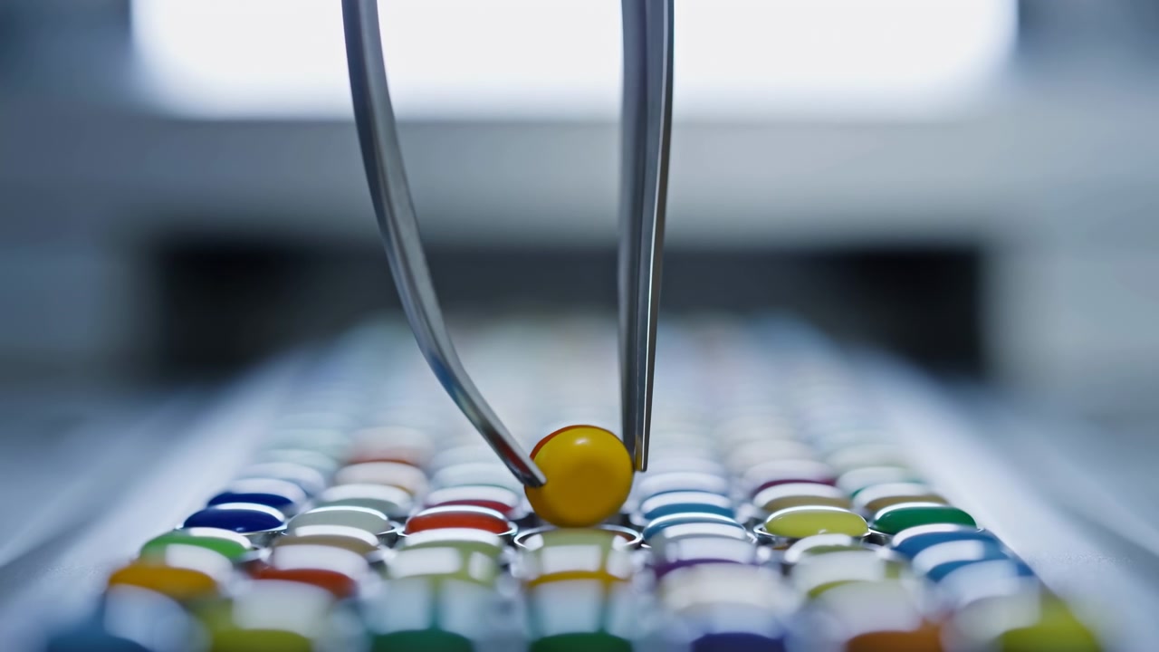 Close-up of an automated laboratory system with robotic pipette tips aligned above a grid of colorful sample wells. The scene shows precision liquid handling