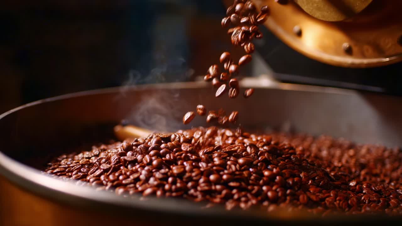 Freshly Roasted Coffee Beans; Aromatic, Rich Colors and Textures Highlight the Process of Coffee Roasting with Steam Rising in a Vibrant Production Setting