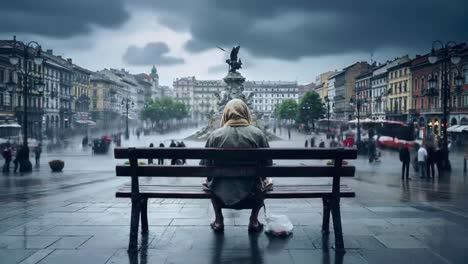 a figure sits alone on a bench in a rainy urban park, surrounded by historic buildings and a fountain. the atmosphere feels somber and reflective amid the downpour.