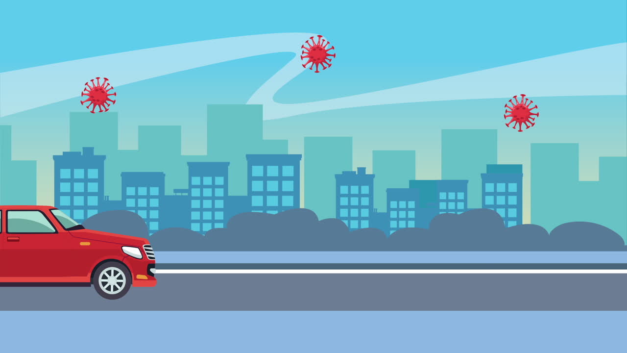 코로나 바이러스 입자가 있는 도로 도시 풍경 장면의 빨간 차