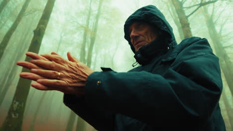 happy man smiling and rubbing his hands on a foggy autumn mountain day